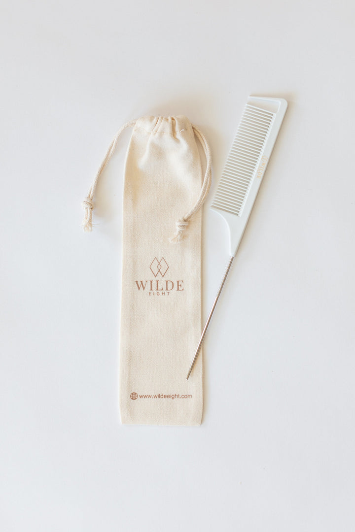 White comb and pouch with 'Wilde' branding on a light background